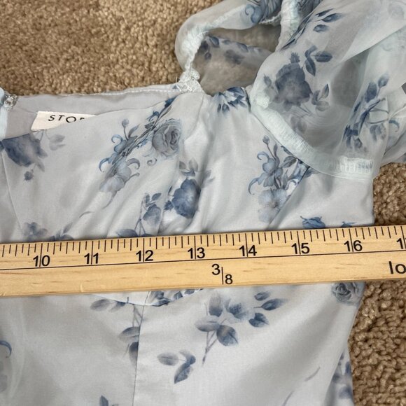 Storia Dress Womens M Blue Floral Coquette Ruffle Milkmaid Corset Puff Wedding - Picture 9 of 11